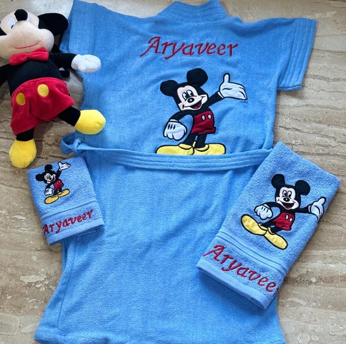 Kids Hooded Bathrobe – Custom Name Soft Fleece Bath Gown with Embroidered Cartoon Design
