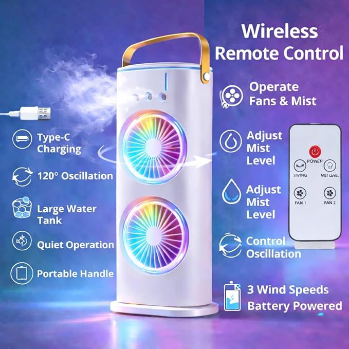 Rechargeable Portable Air Cooler Fan with Remote Control & Mist Spray