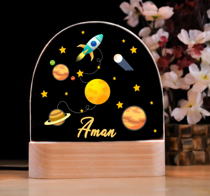 LED Night Lamp – Custom Name Kids Night Light with Wooden Base | Nursery & Bedroom Décor