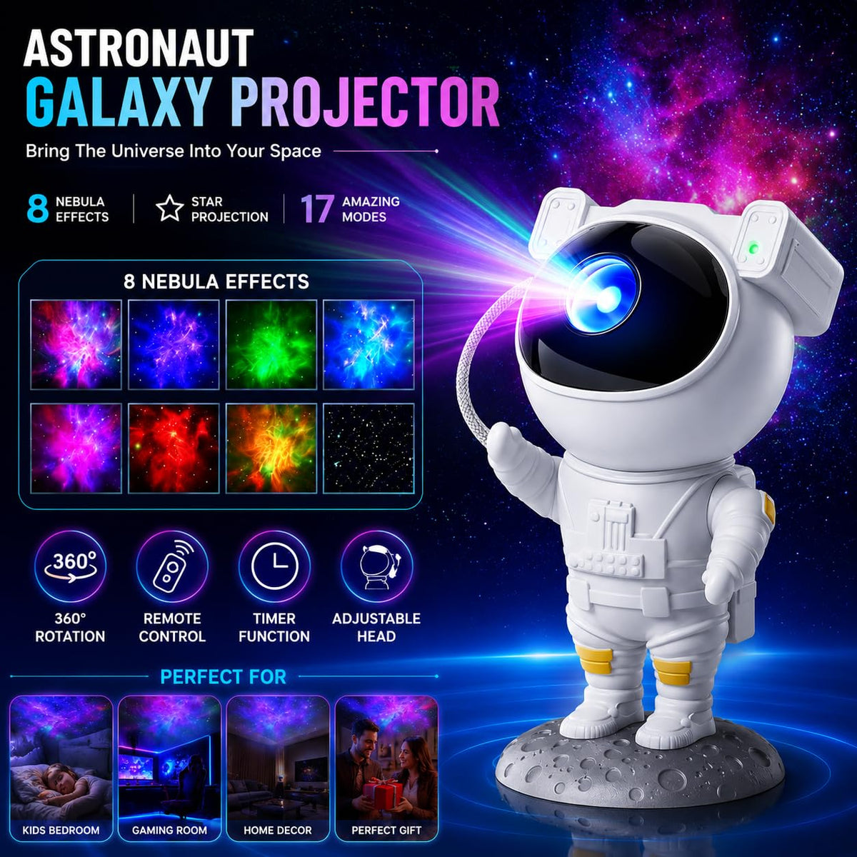 Astronaut Galaxy Star Projector with Remote Control – LED Nebula Night Light for Bedroom & Home Décor