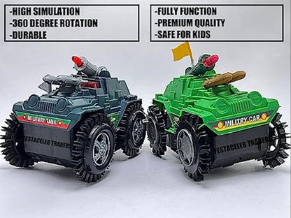 360° Stunt Military Tank Toy Car – Rotating Off-Road RC Style Toy with LED Lights & Bump-and-Go Action