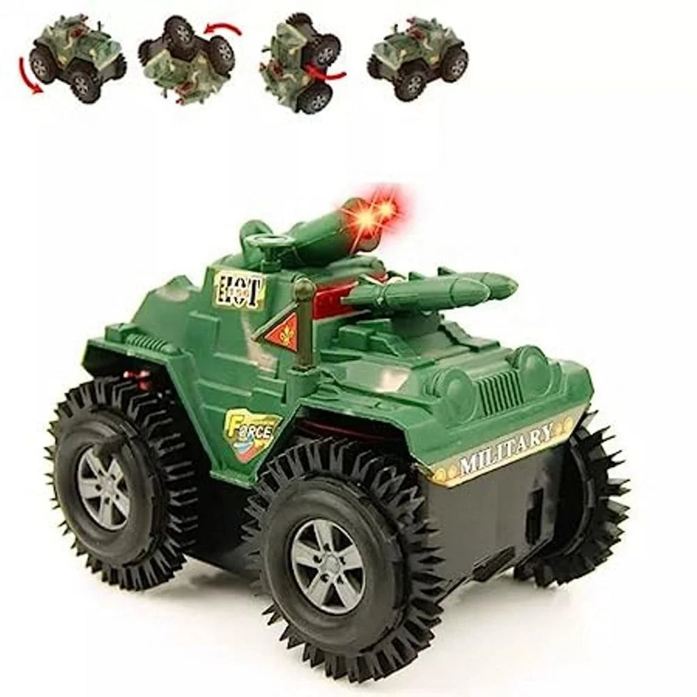 360° Stunt Military Tank Toy Car – Rotating Off-Road RC Style Toy with LED Lights & Bump-and-Go Action