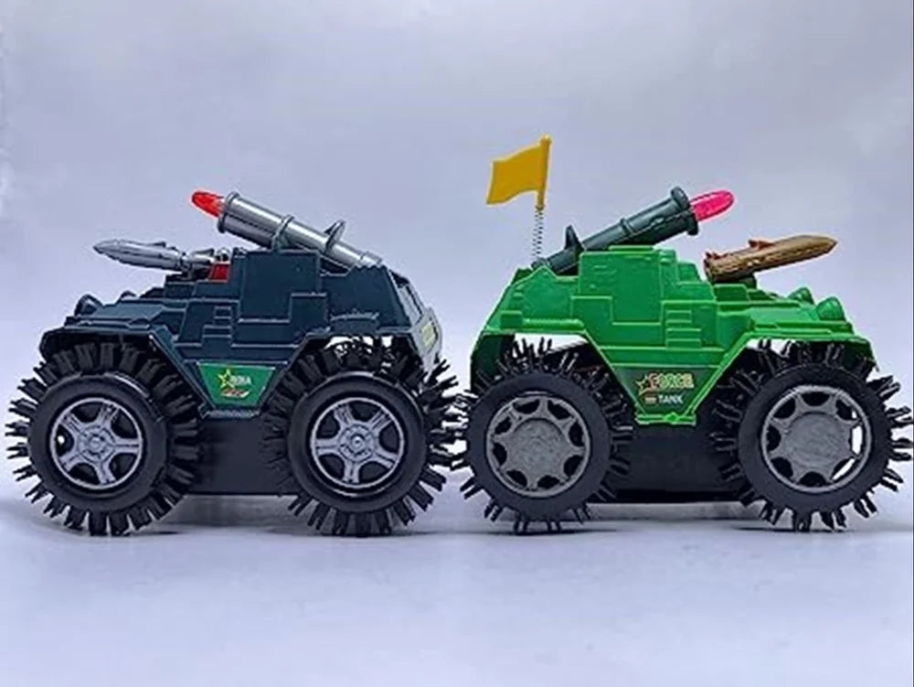 360° Stunt Military Tank Toy Car – Rotating Off-Road RC Style Toy with LED Lights & Bump-and-Go Action