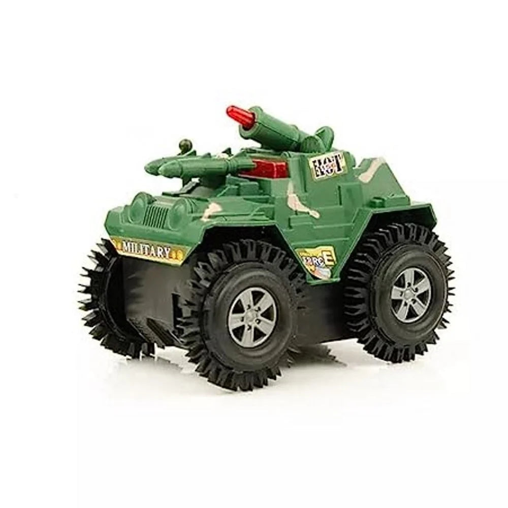 360° Stunt Military Tank Toy Car – Rotating Off-Road RC Style Toy with LED Lights & Bump-and-Go Action