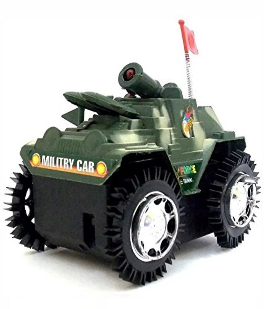 360° Stunt Military Tank Toy Car – Rotating Off-Road RC Style Toy with LED Lights & Bump-and-Go Action