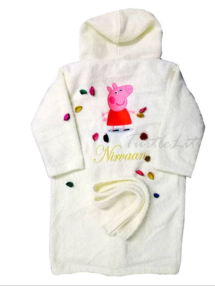 Kids Hooded Bathrobe – Custom Name Soft Fleece Bath Gown with Embroidered Cartoon Design
