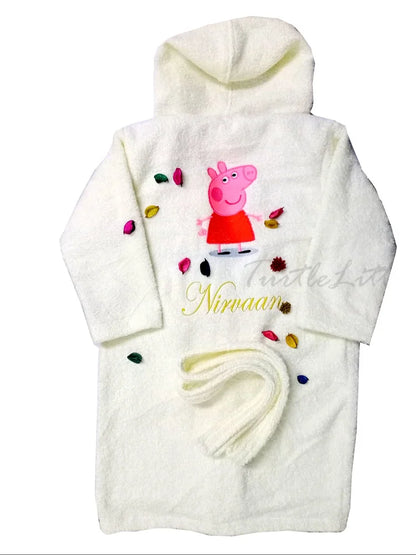Kids Hooded Bathrobe – Custom Name Soft Fleece Bath Gown with Embroidered Cartoon Design