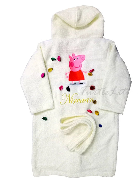 Kids Hooded Bathrobe – Custom Name Soft Fleece Bath Gown with Embroidered Cartoon Design